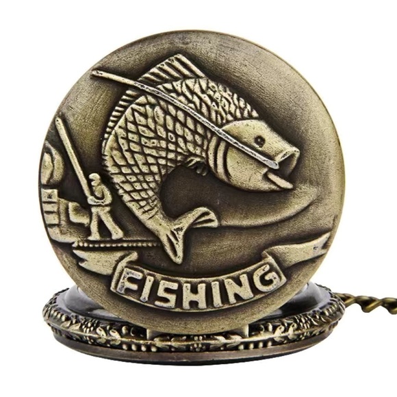 Pocket Chain Watch Fishing Theme Sportsperson Bronze Steampunk Retro Style Gift - Picture 3 of 15